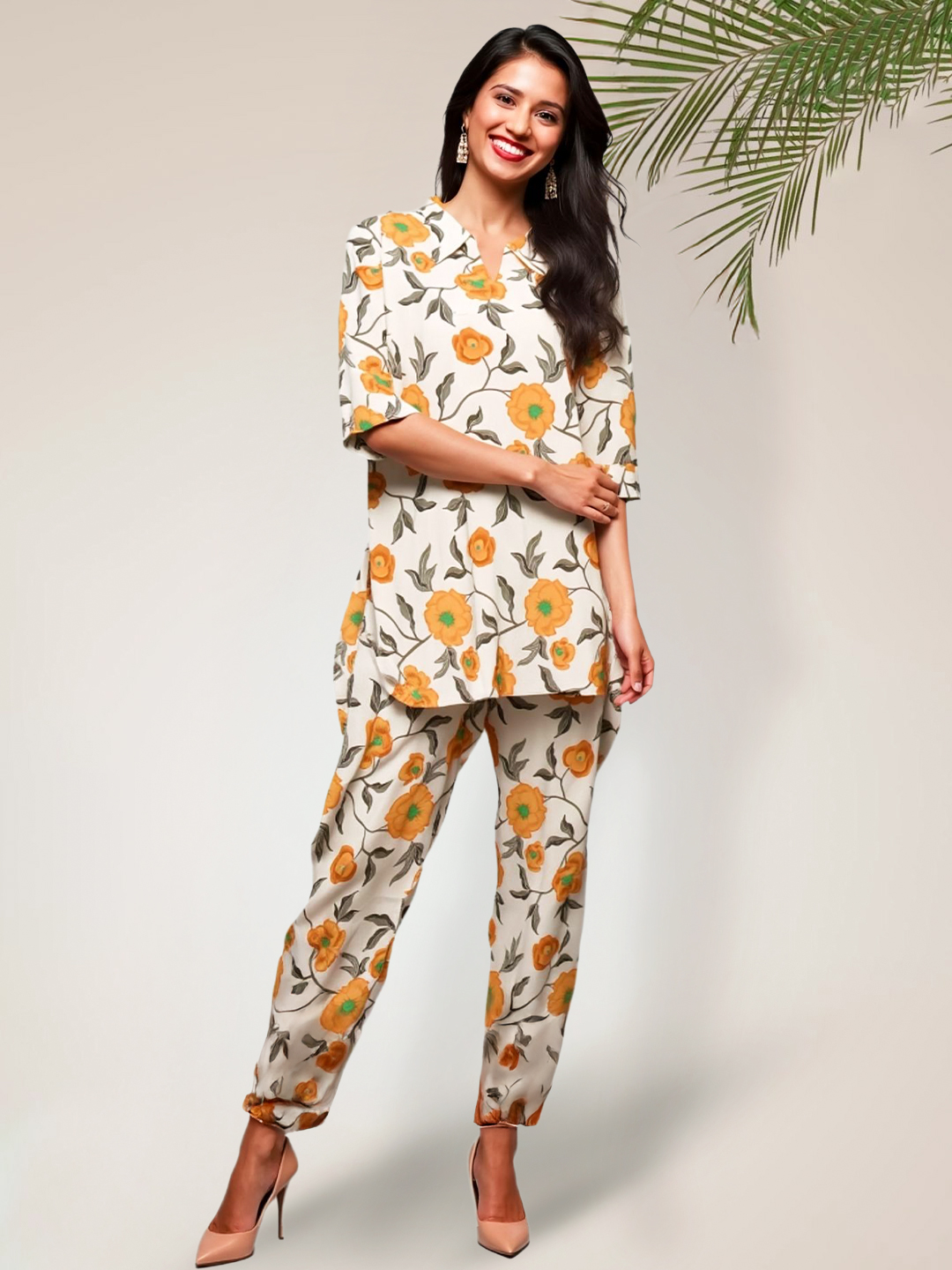 Picture of Floral Bliss Printed Collar Top with Palazzo Co-Ord Set